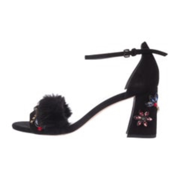 Stuart Weitzman Embellished Suede Fur Sandal Heels - Picture 8 of 15
